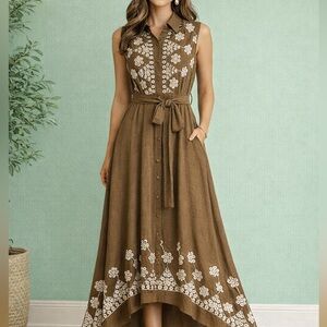 Brown Embroidered Maxi Dress Button Front Belted Boho OS